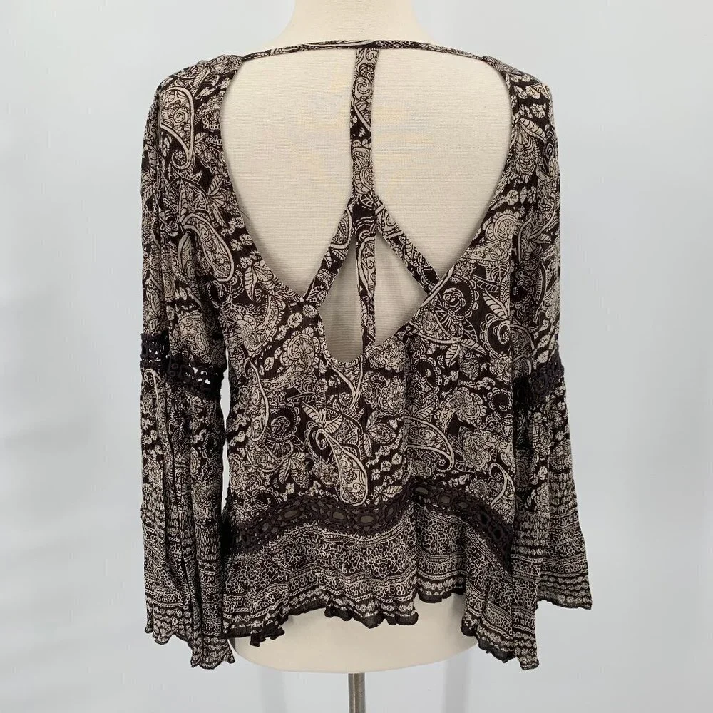 PATRONS OF PEACE Cut Out Top Bell Sleeve Boho S Bohemian Blouse Women Brown